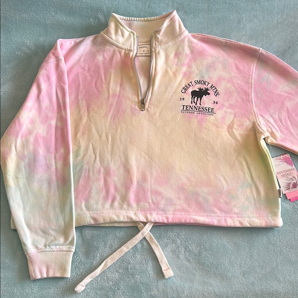 Southern Spirit - Pink and Yellow Cropped Sweatshirt with Tie Front